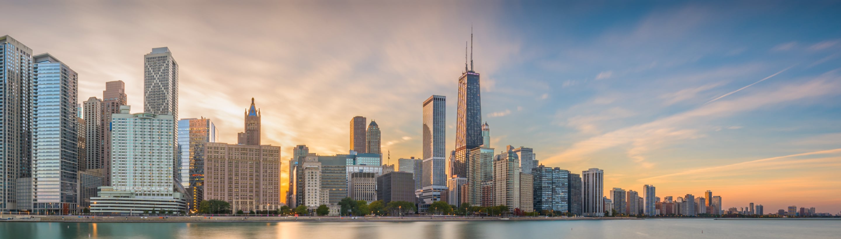 Chicago skyline featuring modern office towers in the city's business district.