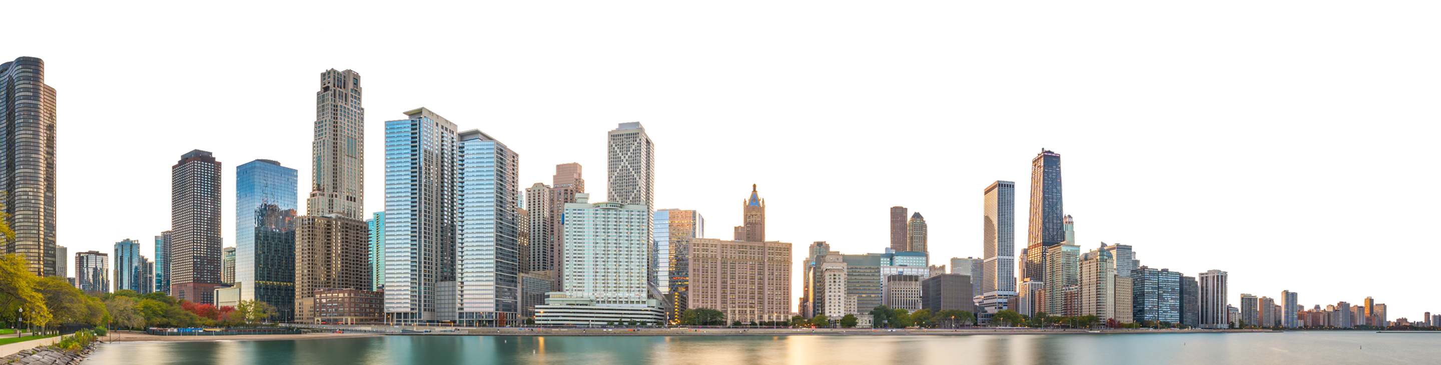 Panoramic view of the Chicago skyline along Lake Michigan.